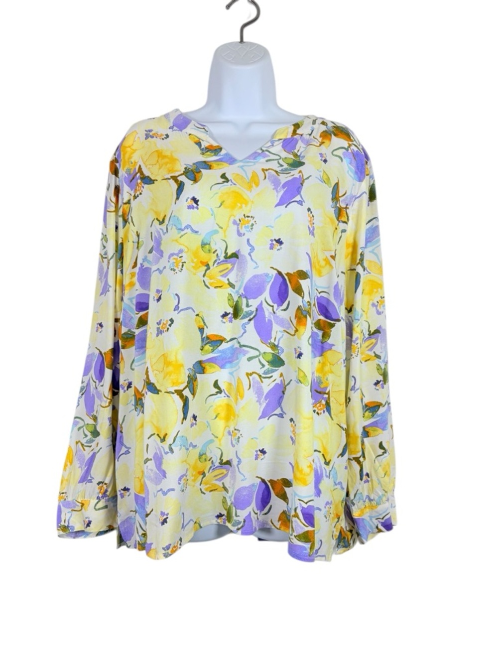 d &Co Floral Blouse XL Yellow Purple V-Neck Long Sleeve Lightweight Top